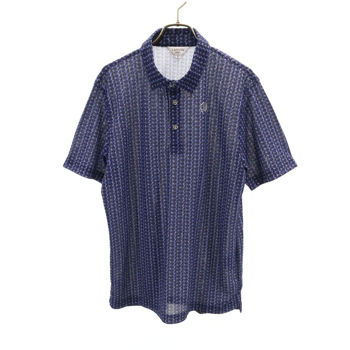 LANVIN SPORT 5分袖ポロシャツ ネイビー 40 美品 LANVIN SPORT ランバンスポール 総柄 ゴルフ 半袖 ポロシャツ 40