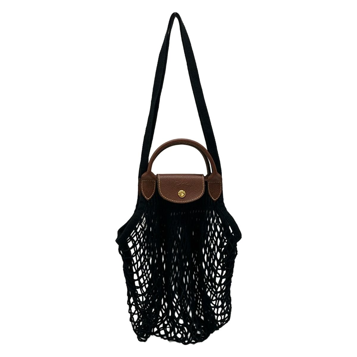 LONGCHAMP(ロンシャン) ショルダーバッグ ル プリアージュ フィレ 黒×ダークブラウン 2way/メッシュ/filtコラボ コットン、レザー