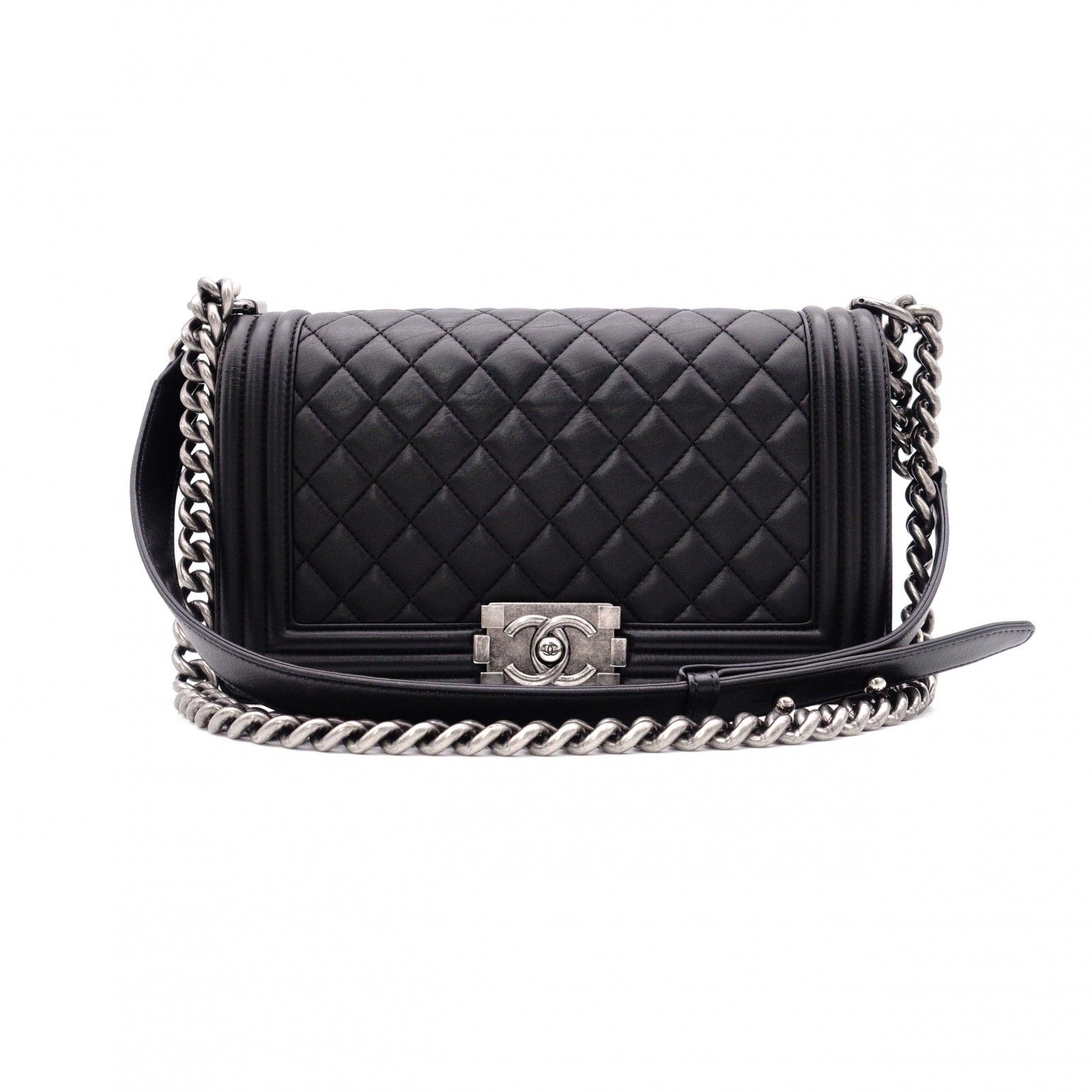 CHANEL シャネル ラムスキン ボーイ シャネル 25 ショルダーバッグ レザー ブラック ガンメタリック金具