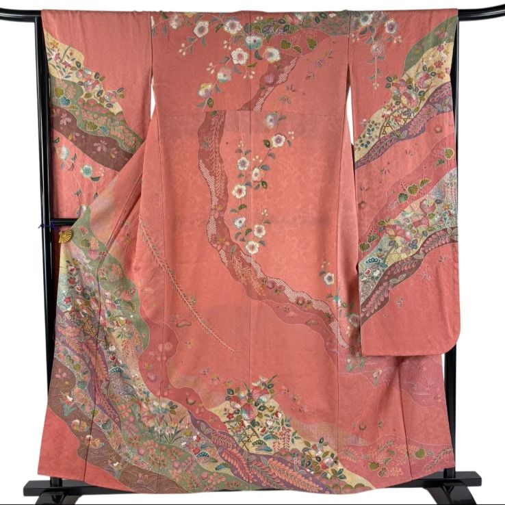 M*I様 値下 157 中振袖 成人式 着物 美品 美品 振袖身丈157.5cm 裄丈65.5cm M 袷 鴛鴦 草花 金銀彩 染め分け