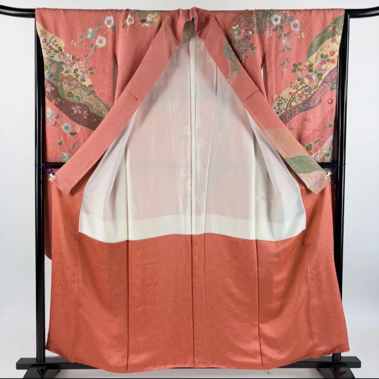 美品 振袖身丈157.5cm 裄丈65.5cm M 袷 鴛鴦 草花 金銀彩 染め分け