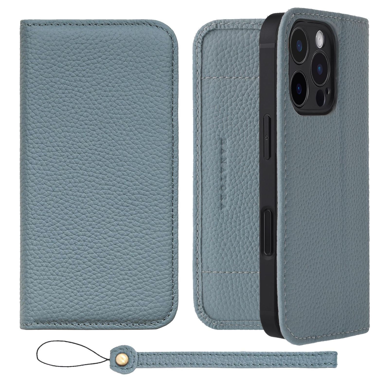 HANATORA for iPhone 16Pro ケース 手帳型 本革 スマホケース スマホ スタンド ストラップ 付き シュリンクカーフレザー ベルトなし マグネットなし ブルーグレー H1SPA-16Pro-BlueGray ギフト 誕生日 女性 男性
