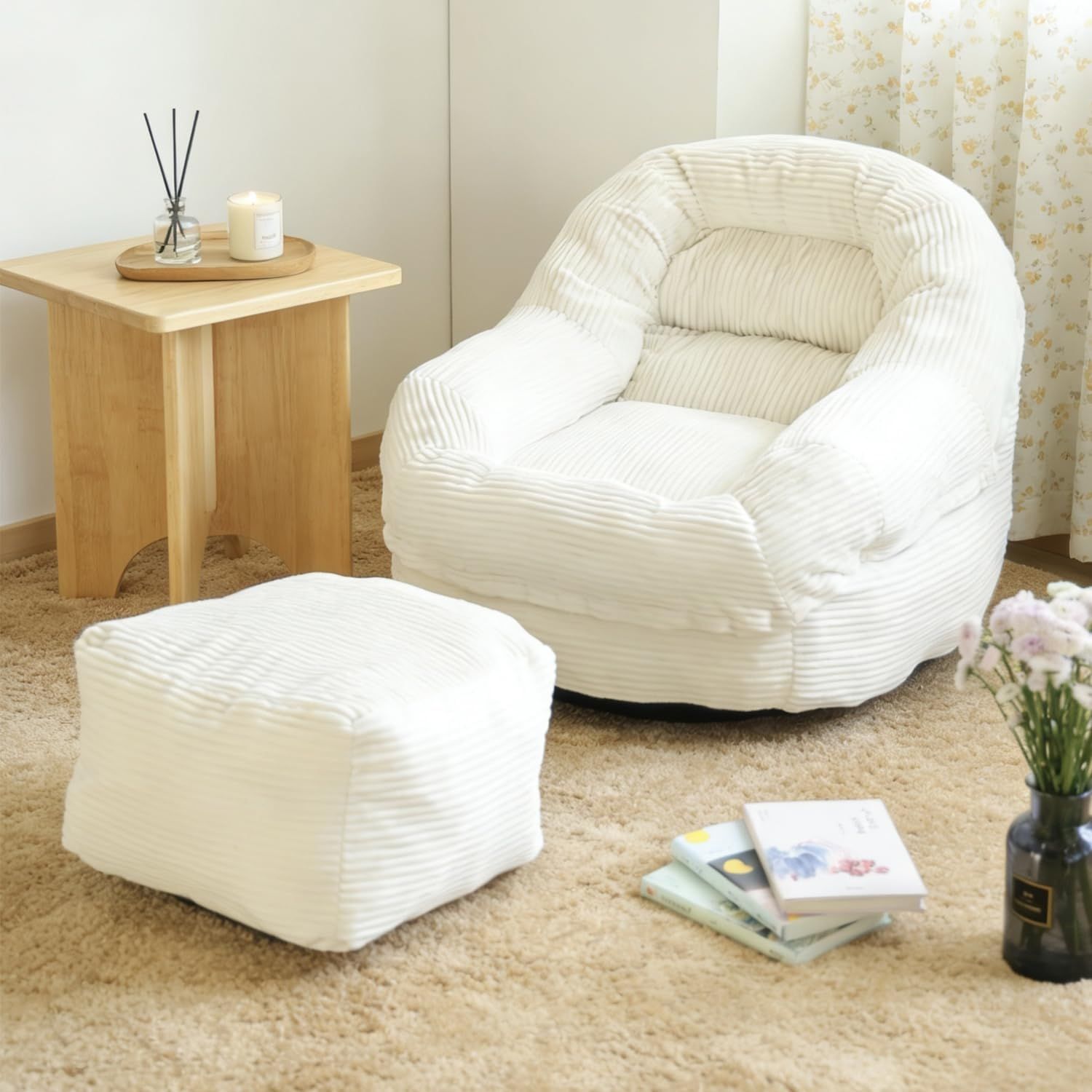 Nadle ビーズソファ 一人掛け コーデュロイ生地 オットマン付 圧縮梱包 ハンドル付 収納ポケット付 約幅82cm 読書ゲームに最適