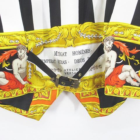 ジャンニヴェルサーチ ヴェルサーチェ GIANNI VERSACE ストライプ柄 ベスト ジレ 絹 シルク 48 黒系 ブラック イタリア製 裏地 総柄