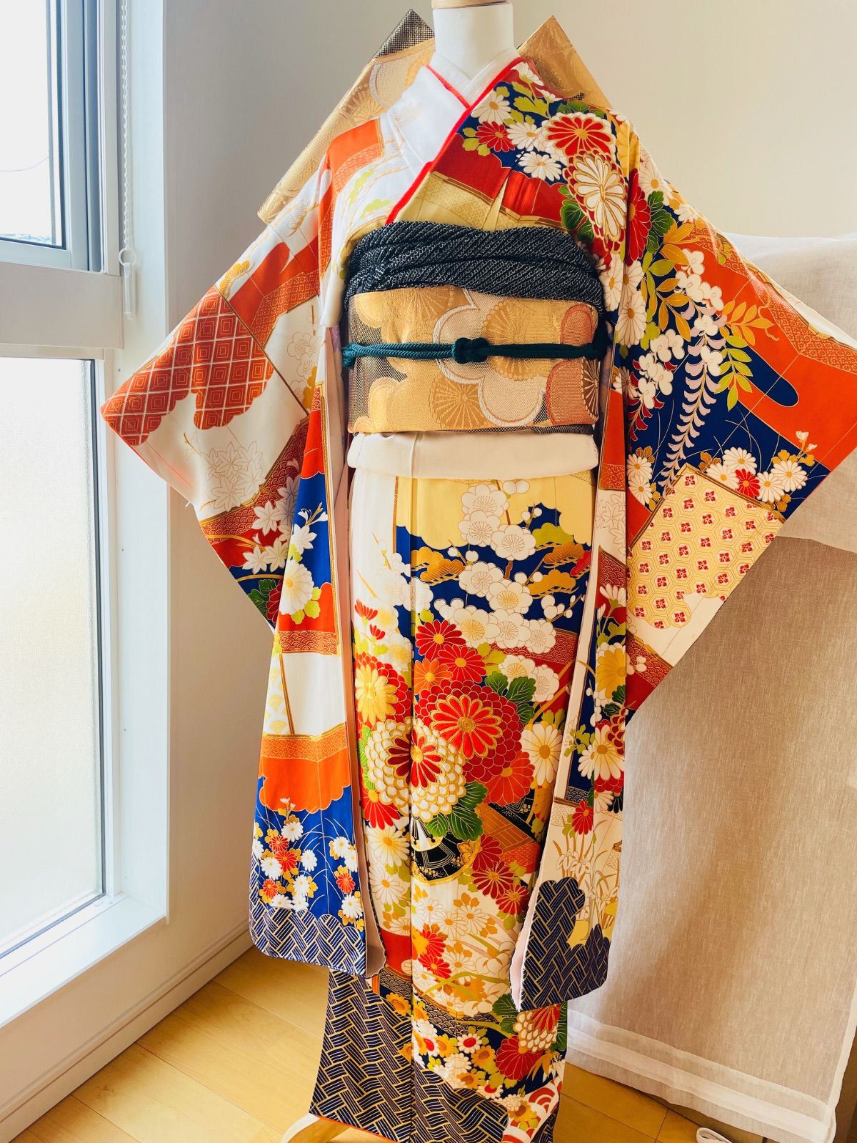 豪華絢爛‼︎　アンティーク振袖　袋帯　レトロ　総柄刺繍　牡丹　梅　菊　孔雀 豪華絢爛‼︎ アンティーク振袖 袋帯 レトロ 総柄刺繍 牡丹 梅 菊 孔雀