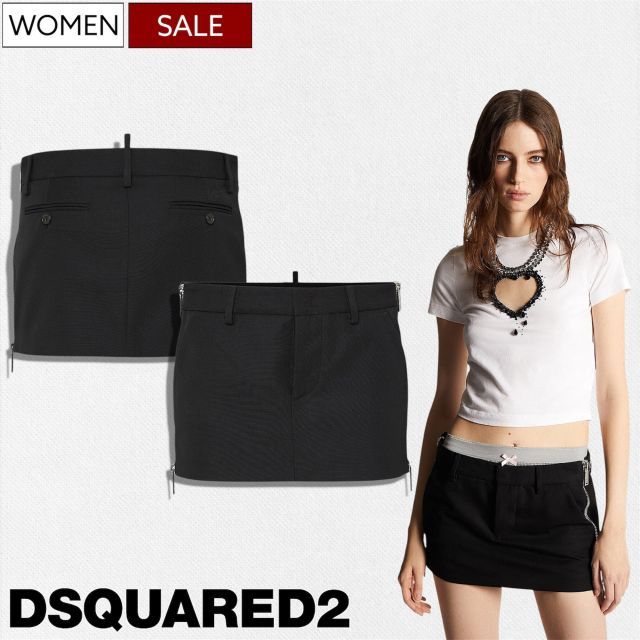 【定価132,000円(税込)】DSQUARED2 ディースクエアード　削ぎ落とされたミニマリズムに圧倒的なエッジなスパイスを効かせたサイドダブルジップデザインウール混ミニスカート ショート丈 ブラック S75MA0966S76498 イタリア製　レディース