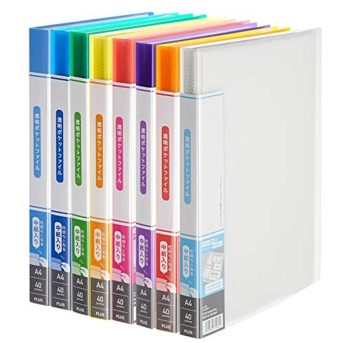 【新品】プラス クリアファイル 透明ポケットファイル 中紙入り A4 40ポケット カラーミックス 8冊