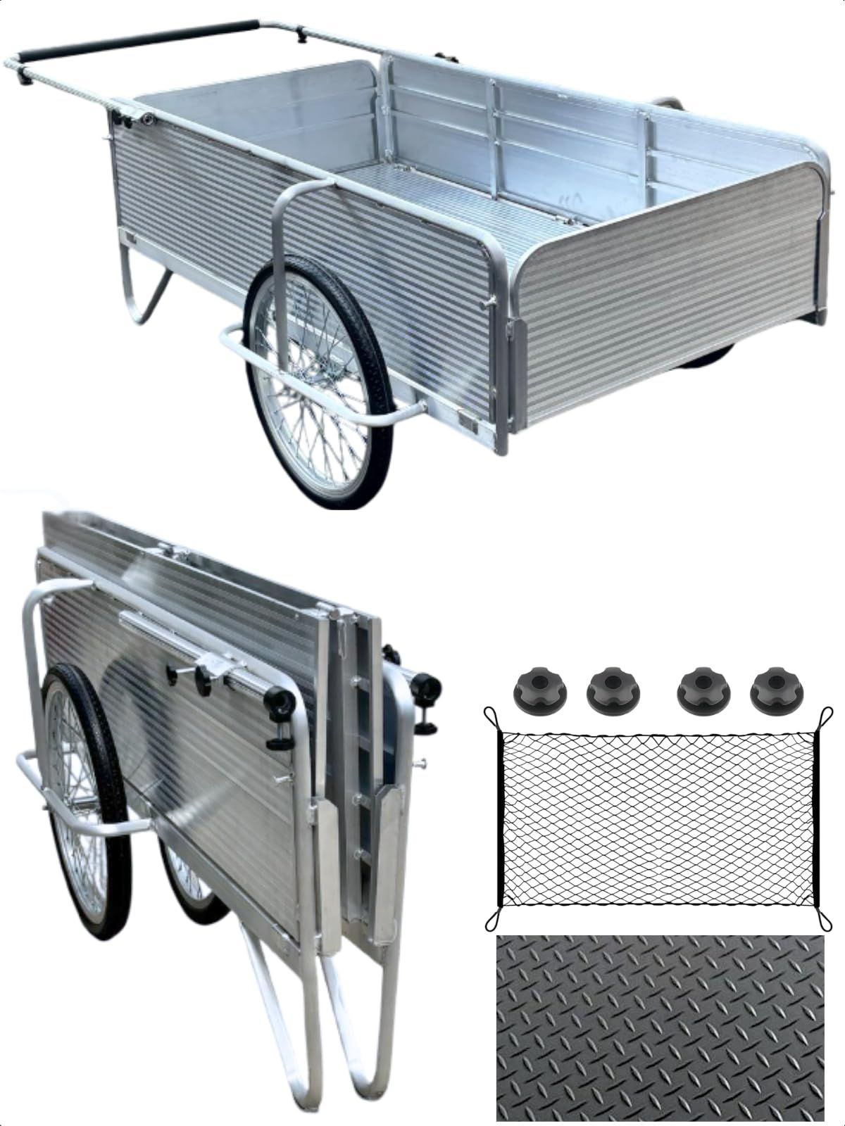 【新品】THE PRODUCT 【超ロングサイズ】 アルミリヤカー 折りたたみ式 リヤカー 耐荷重150kg ロッド付き ノーパンクタイヤ 専用マット&ネット付属 収穫台車 軽量 大型
