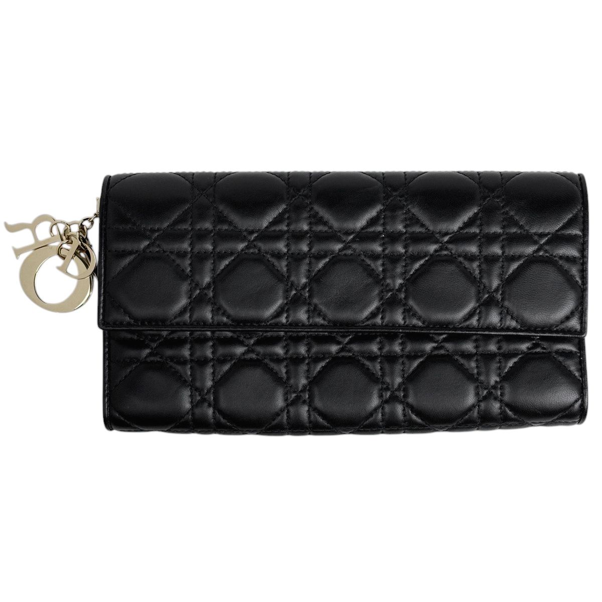 クリスチャンディオール Christian Dior カナージュ 二つ折り長財布 レザー ブラック レディース 【中古】 34,970円