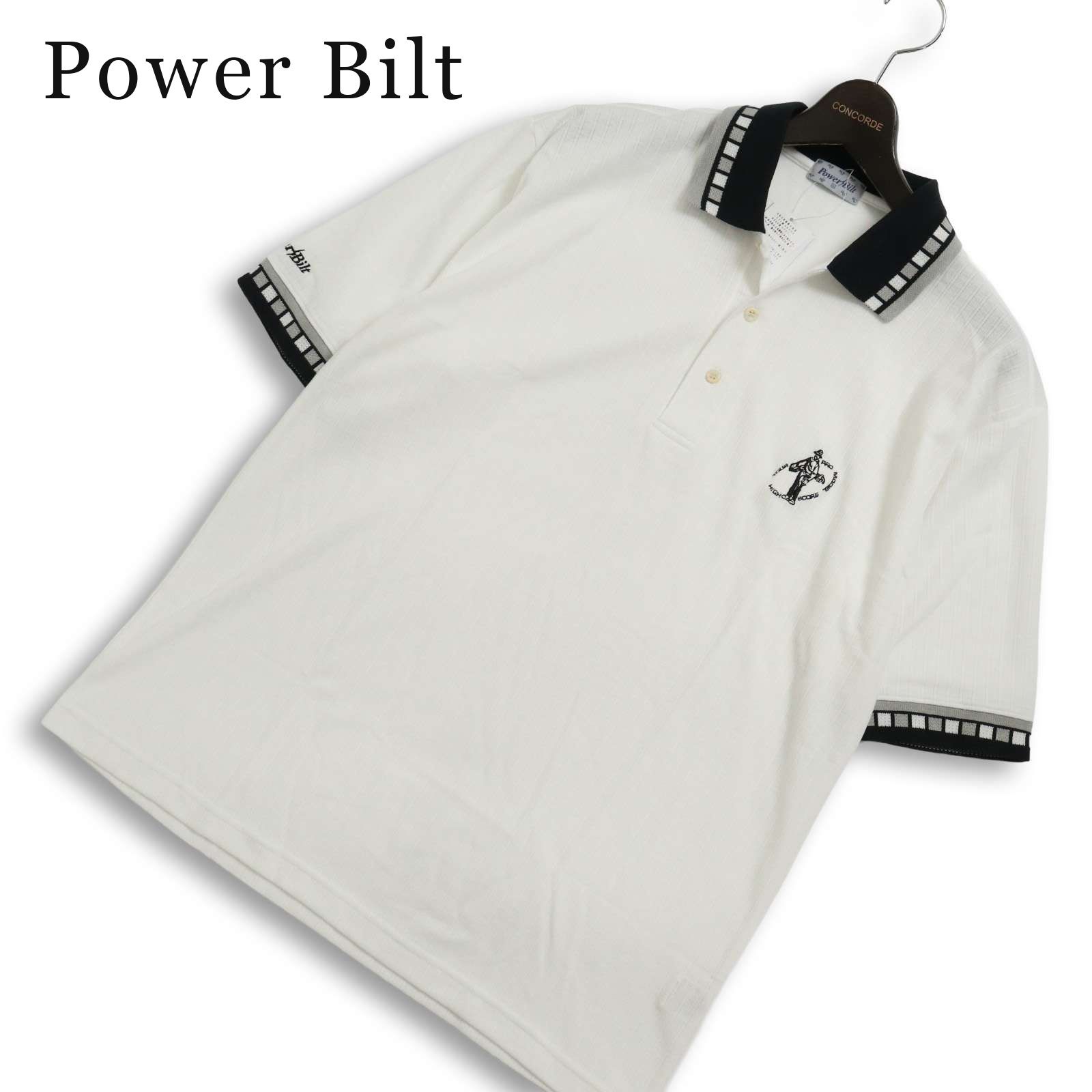 【新品 未使用】 Power Bilt パワービルト 春夏 半袖 ロゴ刺繍 ストライプ ポロシャツ Sz.M メンズ 白 ゴルフ