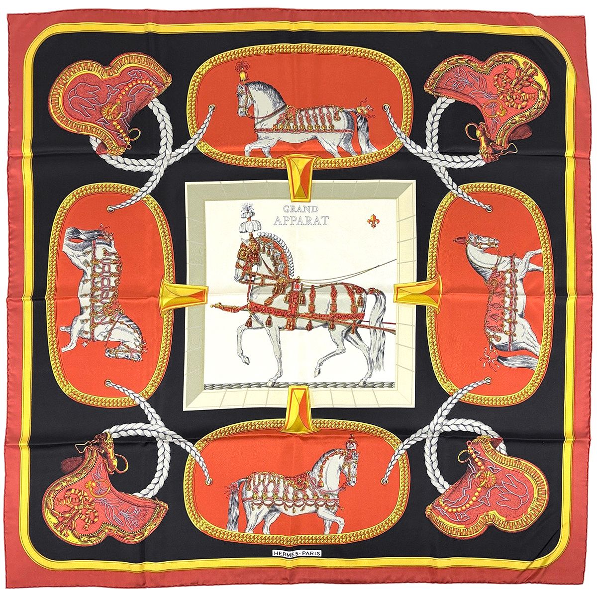 エルメス HERMES カレ90 GRAND APPARAT 盛装の馬 スカーフ シルク オレンジ ブラック マルチカラー レディース 【中古】
