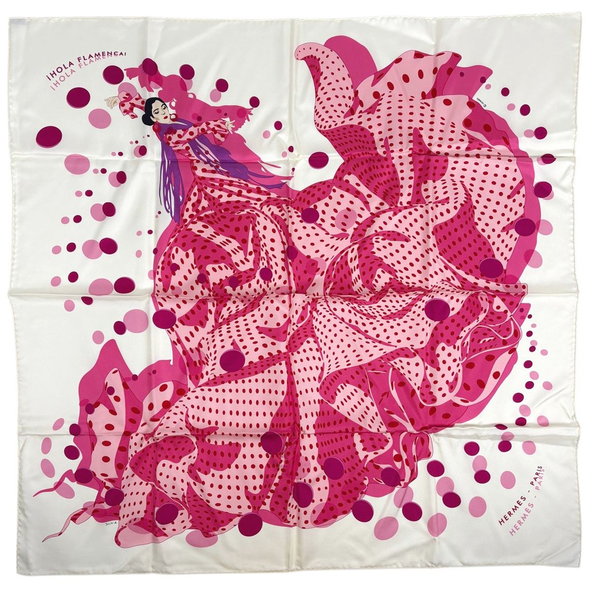 エルメス HERMES カレ90 i HOLA FLAMENCA! オラフラメンカ スカーフ シルク ホワイト ピンク レディース 【中古】