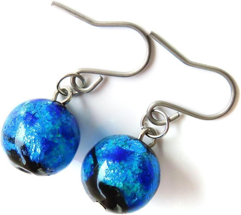 [GOLD STONE] Firefly Glass Earrings, Titanium Dragonfly Ball for Both Ears, Okinawa Ryukyu Blue (phosphorescent)