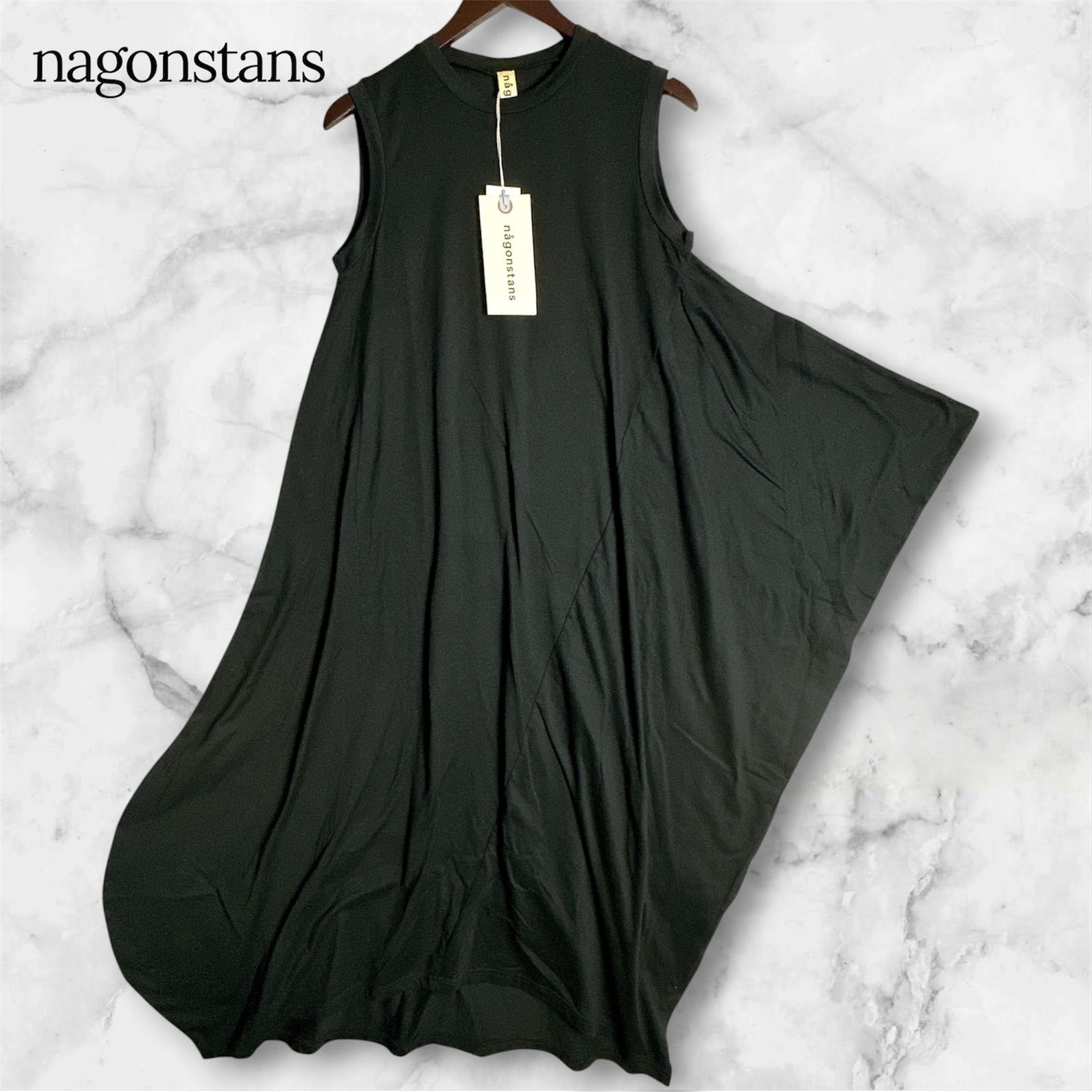 【新品タグ付】nagonstans ナゴンスタンス アシンメトリー ノースリーブ ロングワンピース 38 M ブラック 黒 イレギュラーヘム フレア ドレープ コットン エンフォルド ENFOLD 変形 B1242