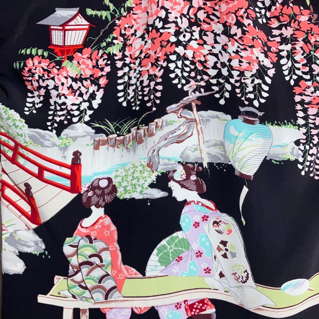極美品】SUNSURF アロハシャツ 半袖 芸者 桜 藤の花 畑商店 黒 XS