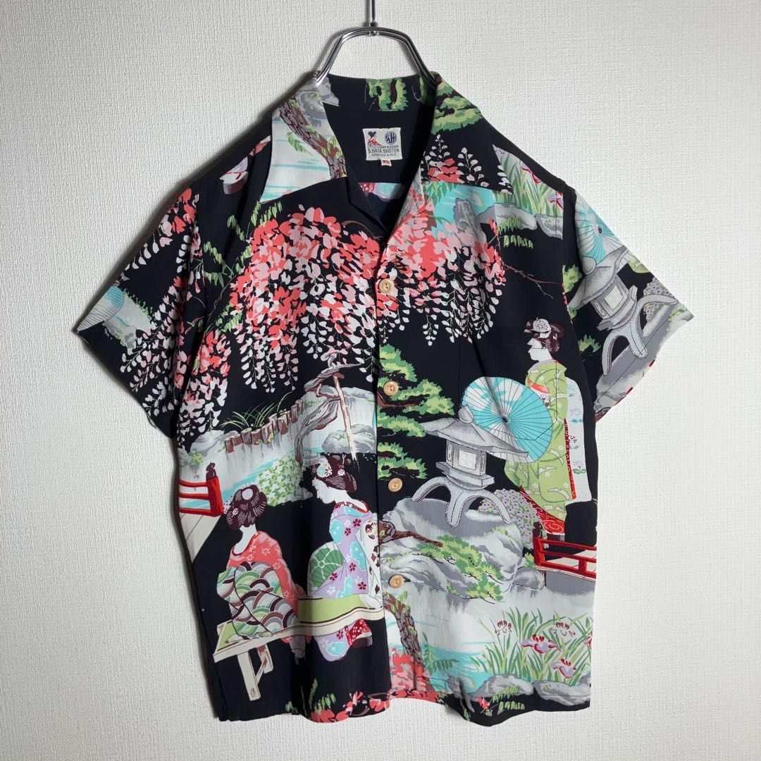 【極美品】SUNSURF アロハシャツ 半袖 芸者 桜 藤の花 畑商店 黒 XS 極美品】SUNSURF アロハシャツ 半袖 芸者 桜 藤の花 畑商店 黒 XS