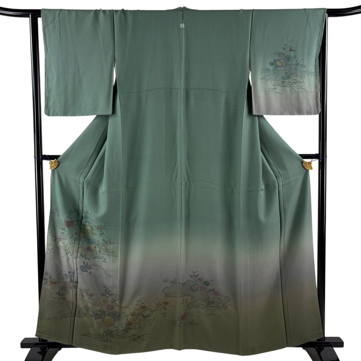 訪問着 身丈160cm 裄丈64cm M 袷 草花 雲文 刺繍 金糸 灰緑 正絹 秀品 一つ紋 【中古】