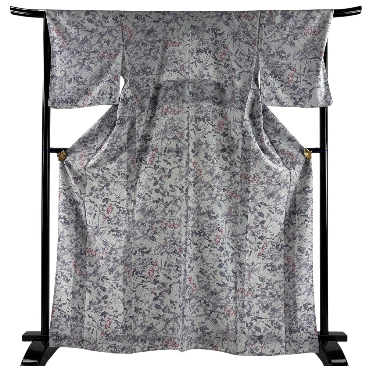 【美品】 小紋 身丈166cm 裄丈68cm L 単衣 葉と実 灰色 正絹 秀品 【中古】