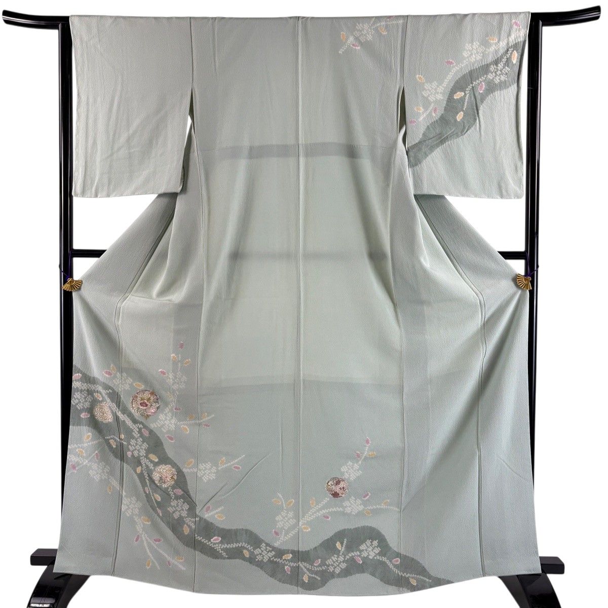 訪問着 身丈165.5cm 裄丈64cm M 袷 花丸文 流水 刺繍 絞り 薄緑 正絹 秀品 【中古】 6,776円