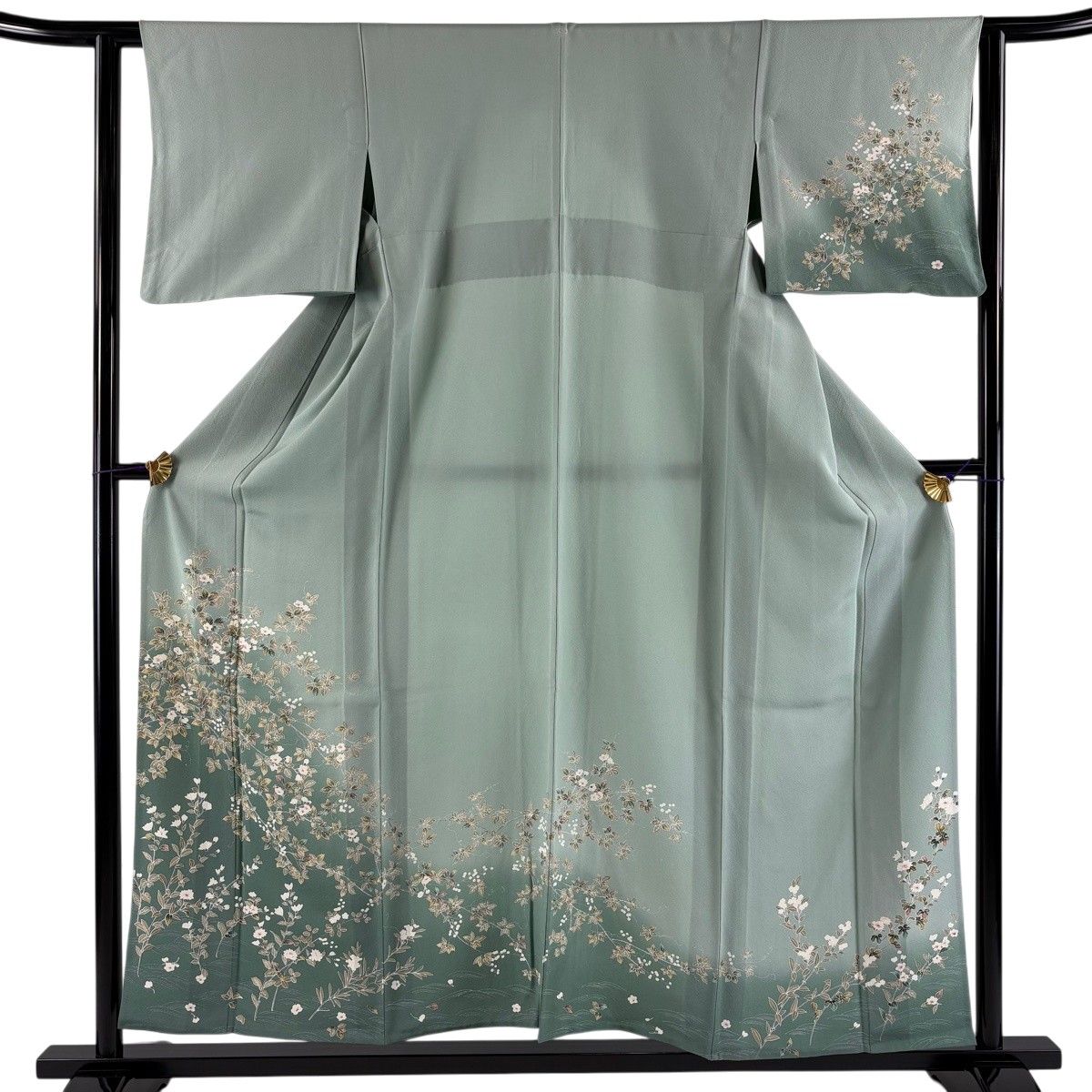 訪問着 身丈156.5cm 裄丈61cm S 単衣 枝花 波 ぼかし 薄緑 正絹 秀品 一つ紋 【中古】