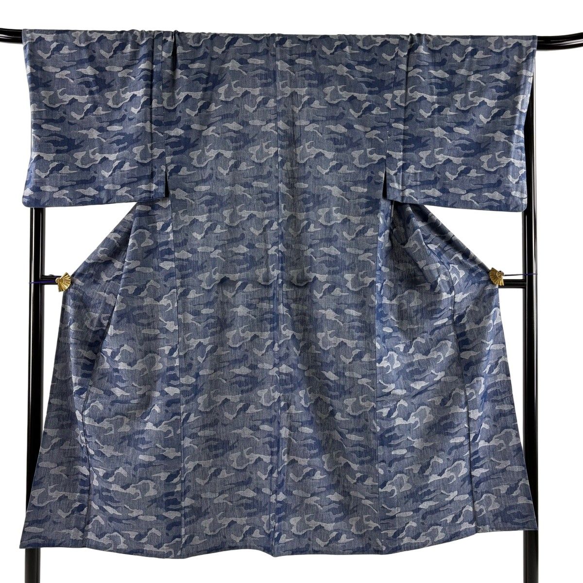 男着物 身丈141cm 裄丈71cm M 単衣 デニム地 幾何学 紺色 綿 秀品 【中古】