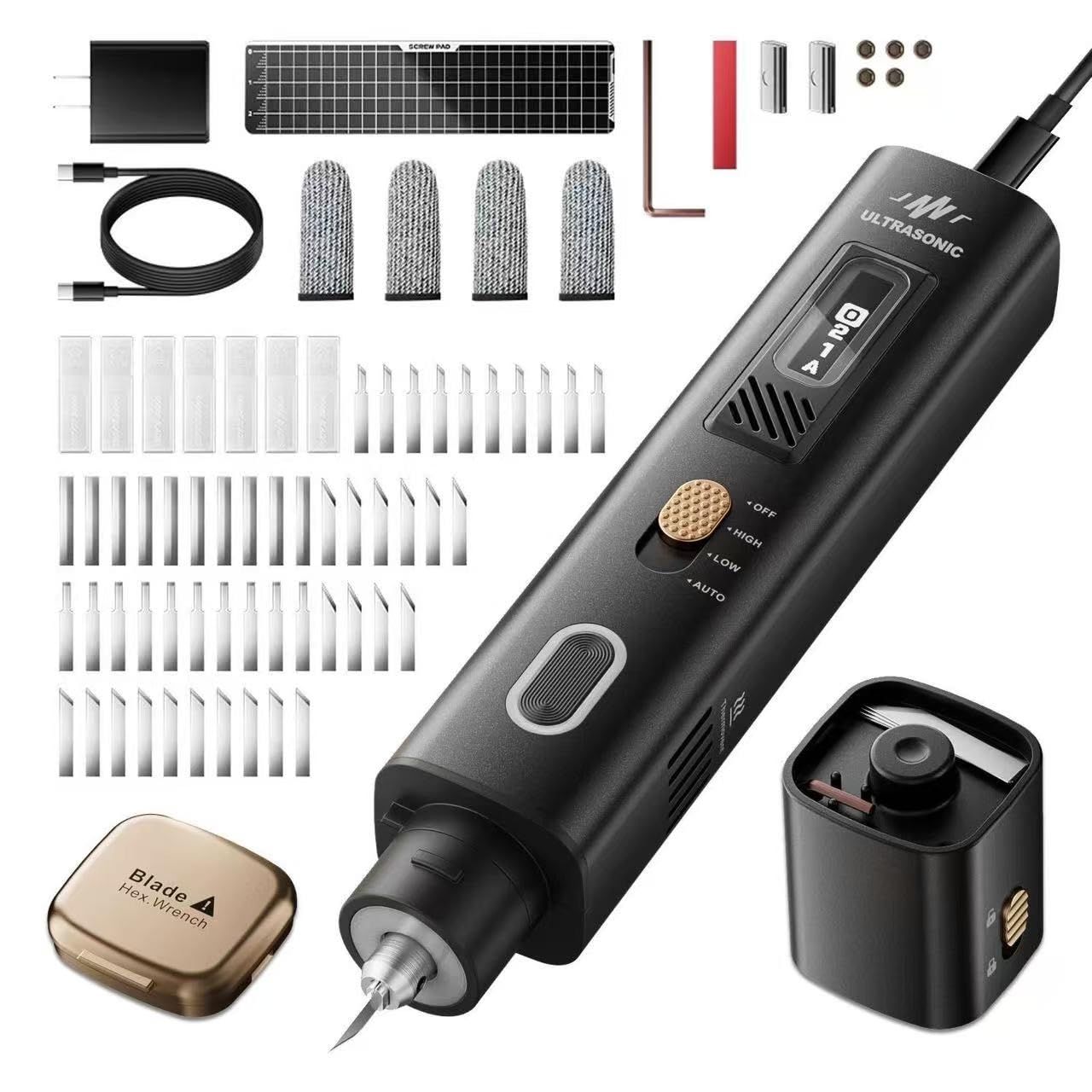 ★新品★2-in-1超音波カッター、35W軽量ハンドヘルド超音波カッター。50枚の交換用ブレードが付属し、OLEDディスプレイを搭載。プラスチック、木材、樹脂、ポリエチレン、革などの3Dプリントモデルの加工に最適で、PSE認証済み（日本語説明 ce2dad34