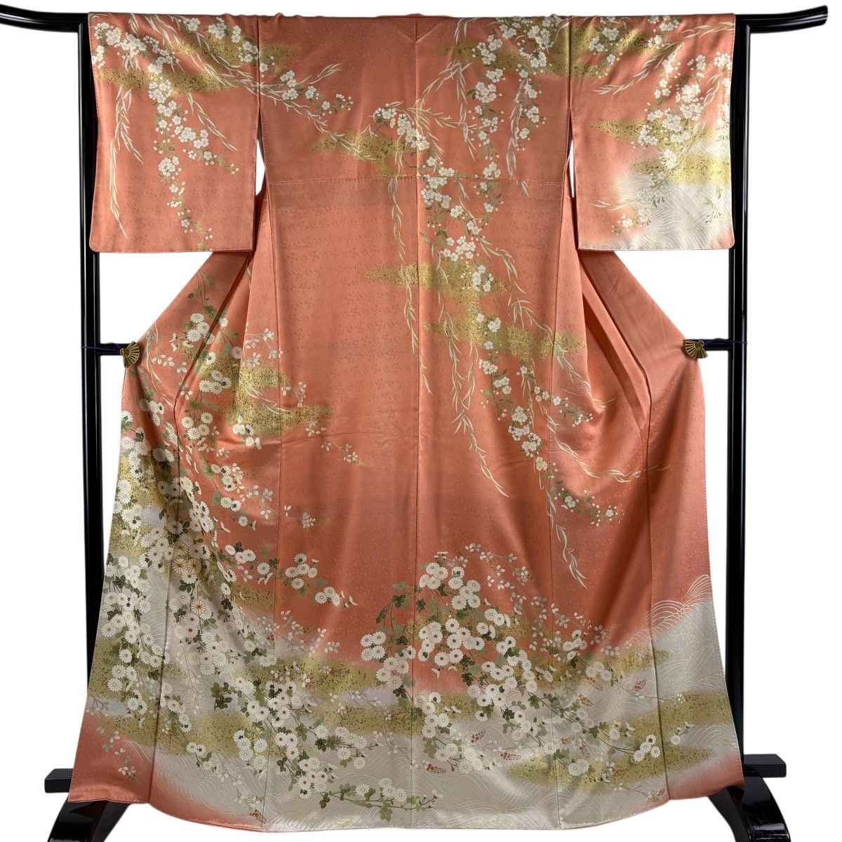 訪問着 身丈166.5cm 裄丈64cm M 袷 菊 霞 金糸 金彩 サーモンピンク