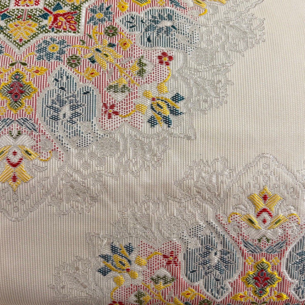 美品】 名古屋帯 優品 八寸名古屋帯 松葉仕立て 華文 草花 銀糸