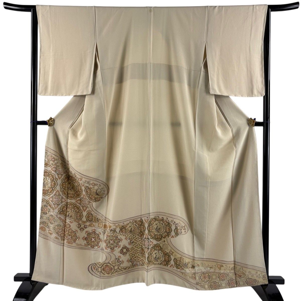色留袖 身丈161.5cm 裄丈64.5cm M 袷 鳥 華文 金糸 刺繍 ベージュ 正絹 逸品 一つ紋 【中古】