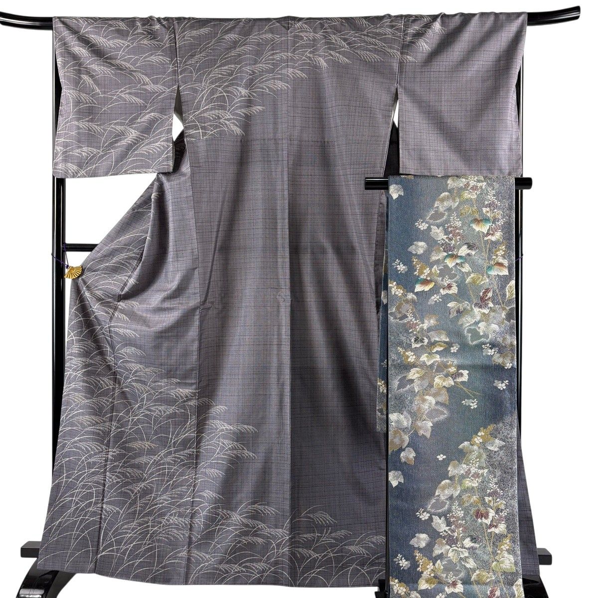 【美品】 訪問着 身丈167cm 裄丈68cm L 袷 大島紬地 袋帯セット 証紙 ススキ 格子 金彩 灰色 正絹 秀品 【中古】