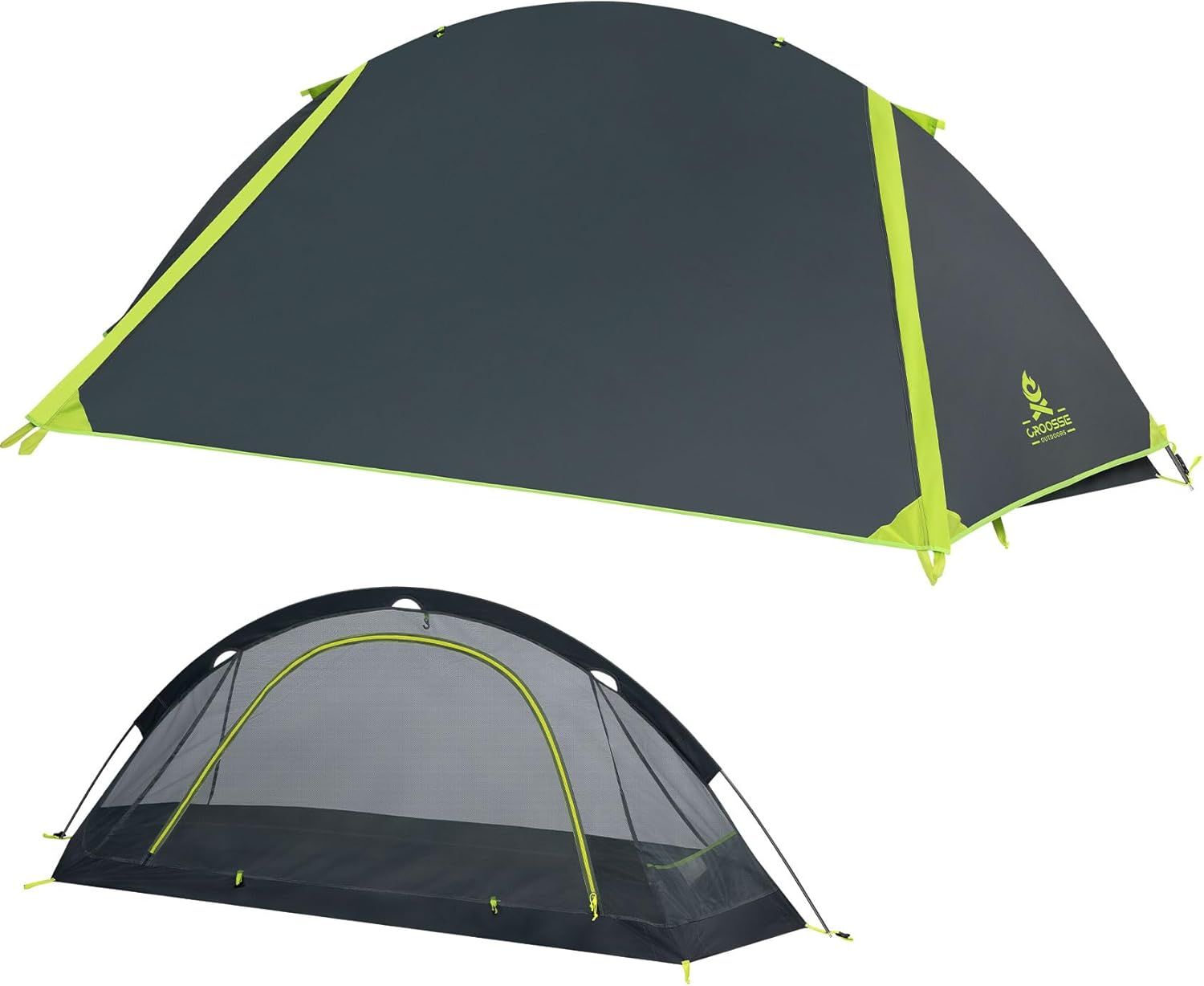 テント 1人用 自立式 【軽量1.55kg/前室付き】 ソロドーム 2層構造 フルメッシュ インナーテント グレー×ライムグリーン キャンプ ツーリング 登山 アウトドア
