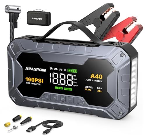 N◆AIMAPOW ジャンプスターター 空気入れ 8000A 160PSIエアコンプレッサー搭載 (すべてのガソリン車・12.0Lディーゼル車対応) 自転車/バイク/車対応 機能 LEDライト USB急速充電 ジャンパースクリーン、SUV、オ fd73bb94