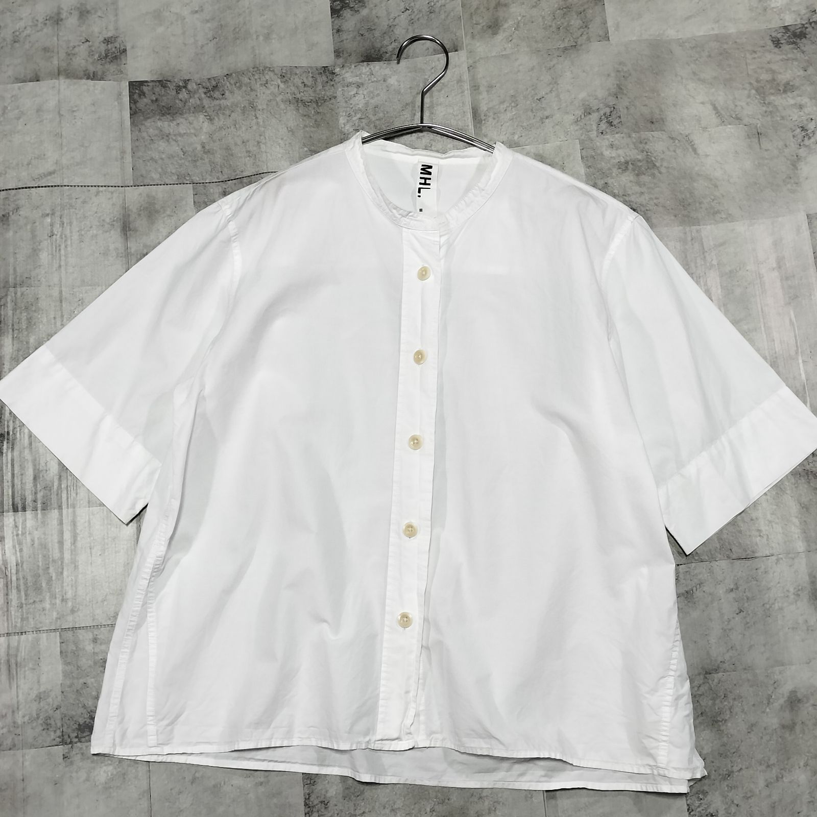リネン混】MHL. コットン バンドカラー5分袖シャツ サイズIII Lサイズ 