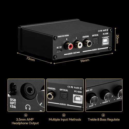 AIYIMA DAC-A2 ヘッドフォンアンプ PC-USB/光/コアキシャル入力、RCA/3.5mmヘッドフォン出力 デジタル/アナログ変換 アナログ卓上オーディオコンバーター 5V 24Bit 192kHzyu
