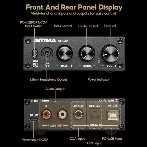 AIYIMA DAC-A2 ヘッドフォンアンプ PC-USB/光/コアキシャル入力、RCA/3.5mmヘッドフォン出力 デジタル/アナログ変換 アナログ卓上オーディオコンバーター 5V 24Bit 192kHzyu