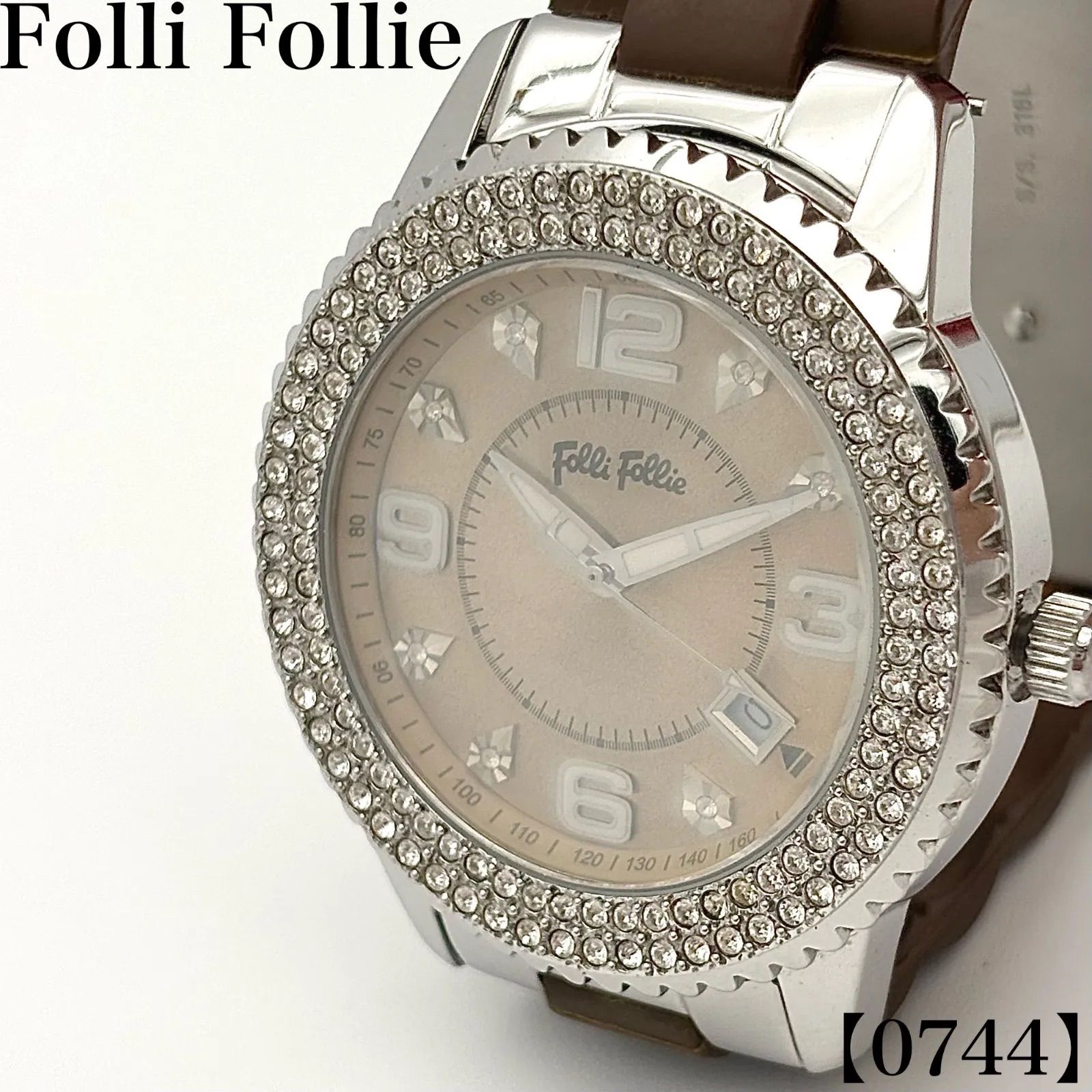 稼働品 Working item フォリフォリ Folli Follie 腕時計 レディース Ladies クォーツ Quartz WF5T045 ブラウン ラバーベルト ラインストーンベゼル アナログ 茶 0744