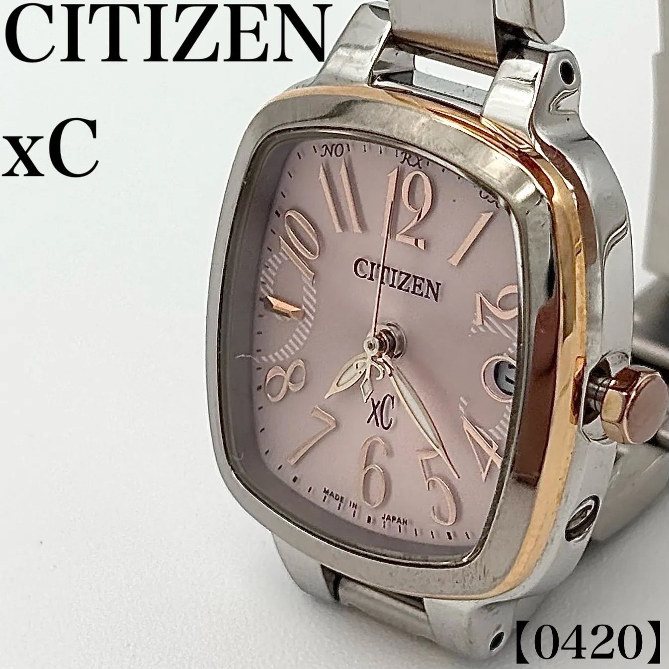 稼働品 Working item シチズン CITIZEN 腕時計 レディース Ladies クォーツ Quartz ES8014-54W クロスシー xC エコドライブ 電波時計 トノー スクエア型 ピンク文字盤 デイト 0420