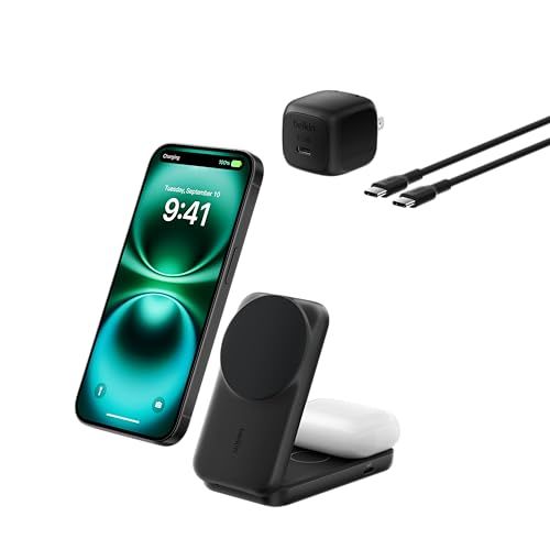 Belkin Qi2 25W Ultra Charge ワイヤレス充電器 世界初 25W充電スタンド 2 in 1 スクエアモデル Qi2公式認証/MagSafe対応 急速充電対応 iPhone17,16?12 スタンバイモード対応 Google pixeyu