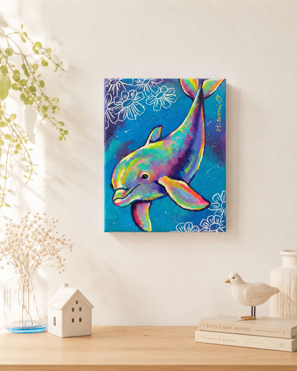 F0キャンバス○カラフルなイルカ 動物画 真作 絵画 原画 現代アート
