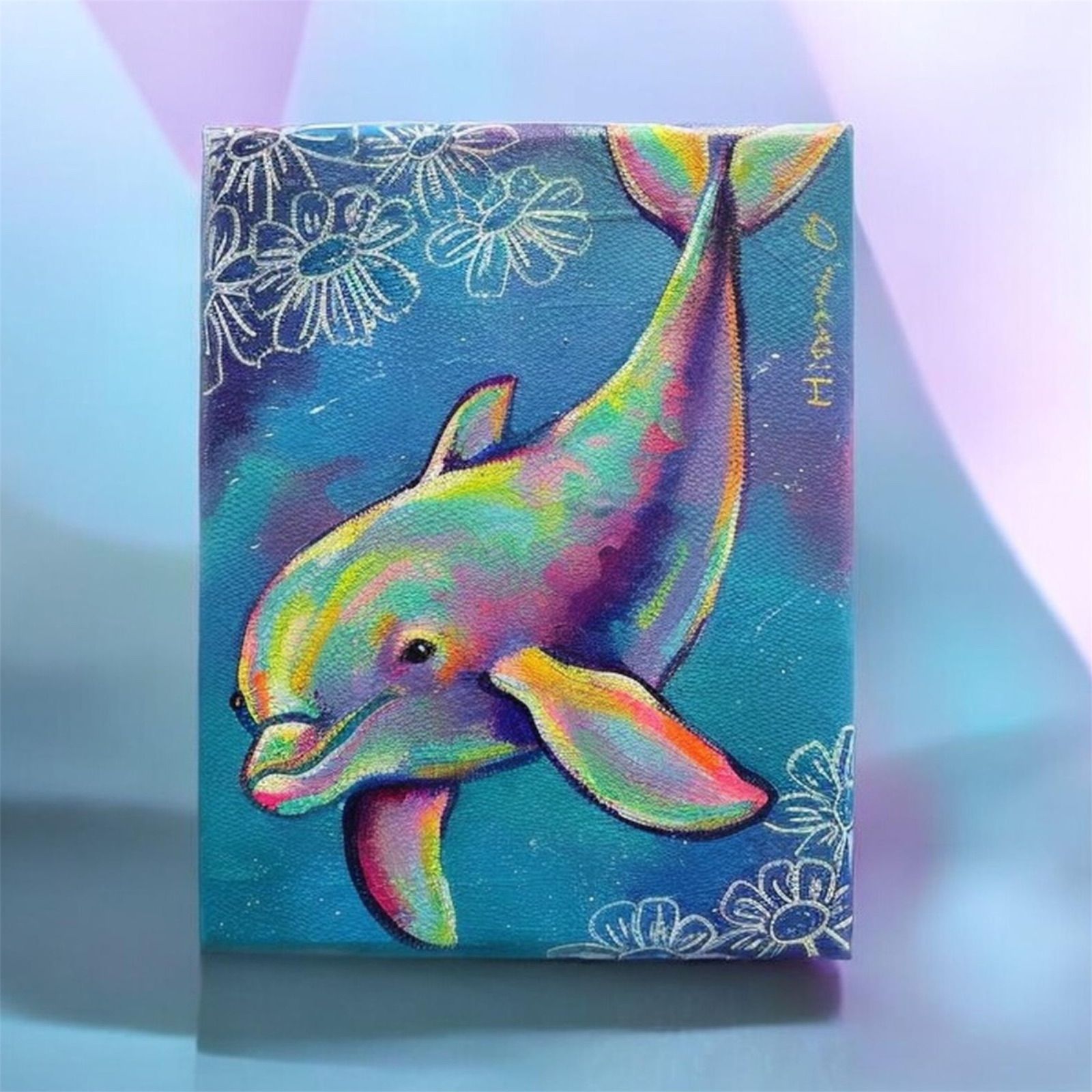 F0キャンバス○カラフルなイルカ 動物画 真作 絵画 原画 現代アート