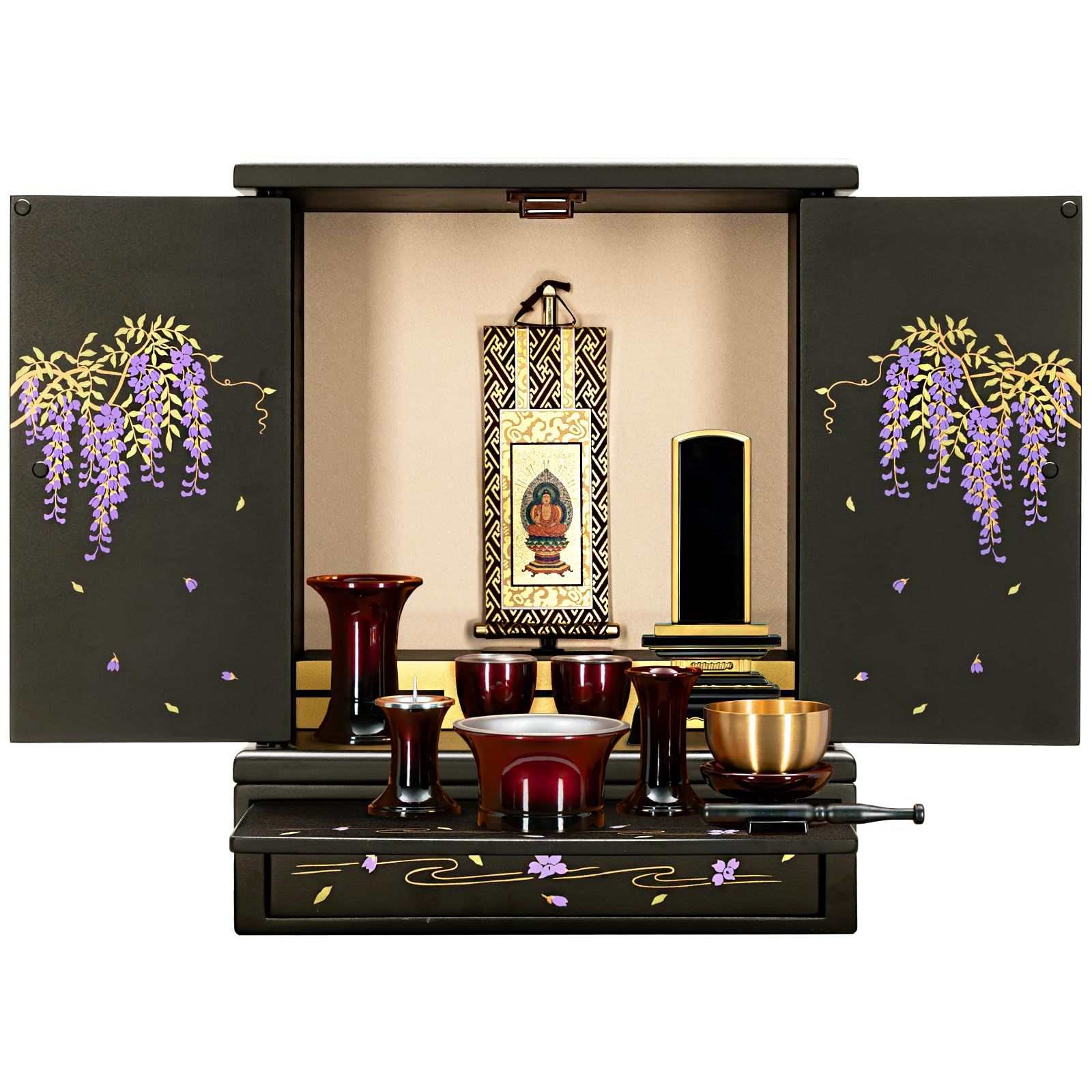 【新品】仏壇 ミニ モダン【本体+専用仏壇台+おりん付き仏具セット】 幅35.5cm 奥行23.5cm 高さ35.5cm おしゃれ 家具調 コンパクト 高級 小型仏壇 モダン仏壇 洋室 リビング インテリア ミニ仏壇 藤 14号 仏壇専用台 c8a931b7