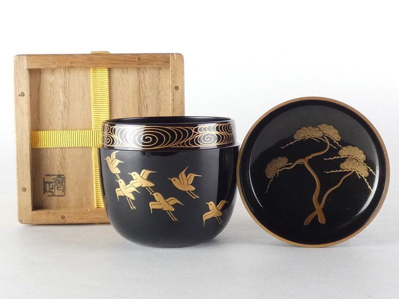 茶道具　千鳥絵棗　共箱 禽正 銘 黒塗 松に波千鳥蒔絵 大棗 共箱 木製 茶道具 /R426(tn18
