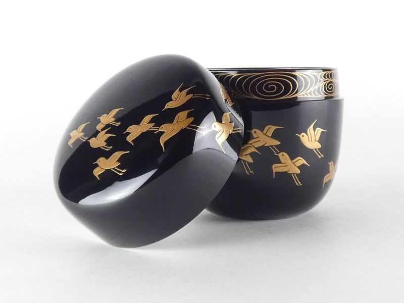 禽正 銘 黒塗 松に波千鳥蒔絵 大棗 共箱 木製 茶道具 /R426(tn18