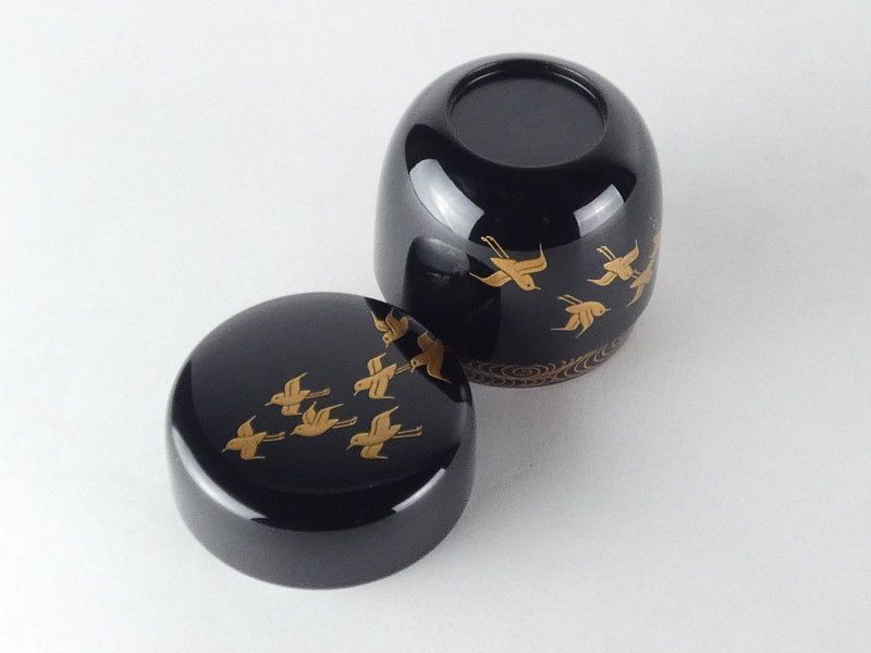 禽正 銘 黒塗 松に波千鳥蒔絵 大棗 共箱 木製 茶道具 /R426(tn18