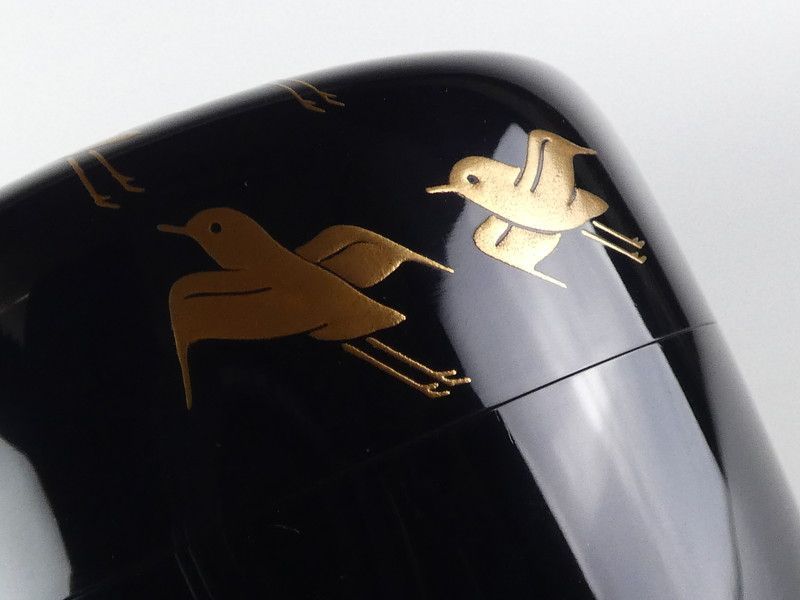 禽正 銘 黒塗 松に波千鳥蒔絵 大棗 共箱 木製 茶道具 /R426(tn18