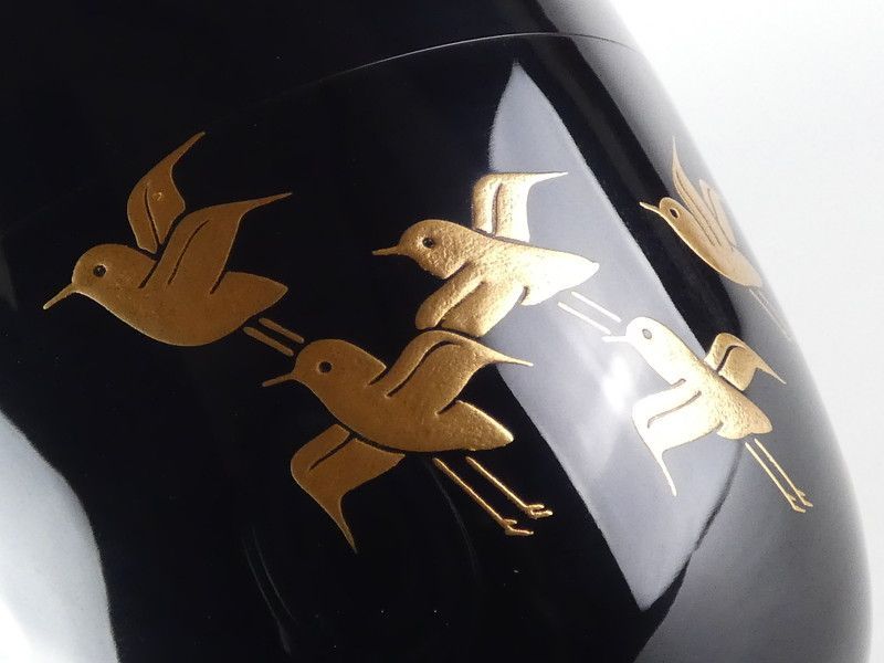 禽正 銘 黒塗 松に波千鳥蒔絵 大棗 共箱 木製 茶道具 /R426(tn18