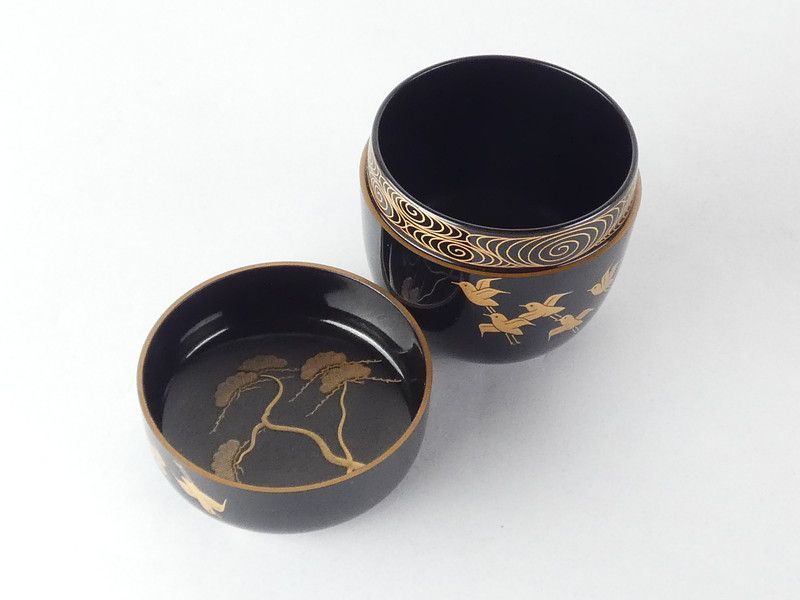 禽正 銘 黒塗 松に波千鳥蒔絵 大棗 共箱 木製 茶道具 /R426(tn18