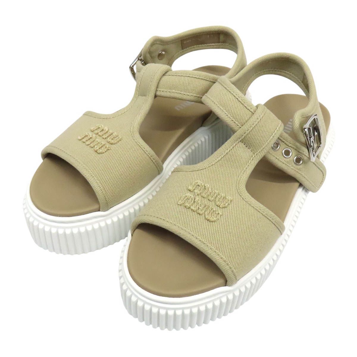 ミュウミュウ デニム プラットフォーム サンダル レディース ベージュ MIUMIU【中古】 【アパレル・小物】