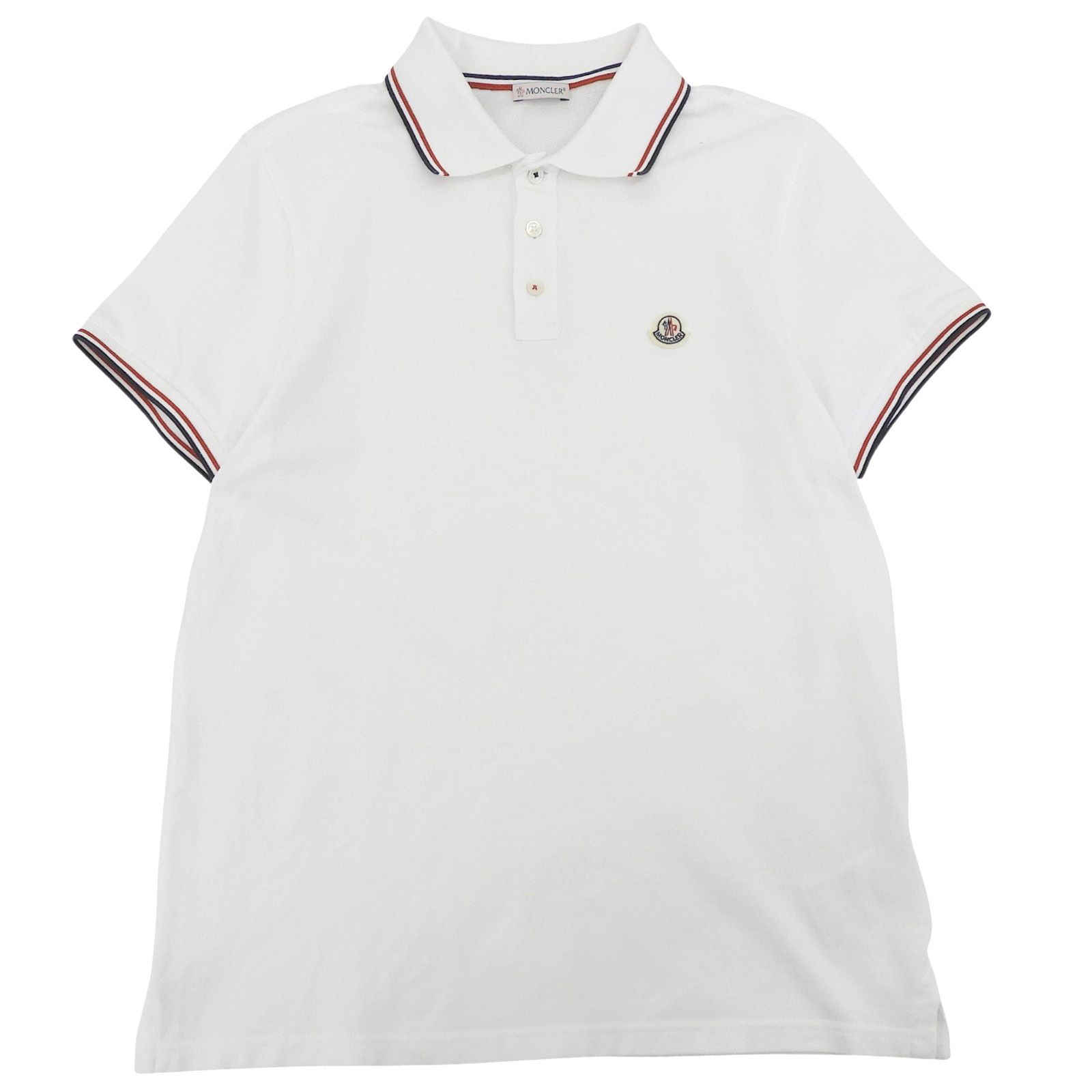 極美品▲MONCLER モンクレール MAGLIA POLO コットン100％ ロゴワッペン付き トリコロール 半袖ポロシャツ ホワイト M 正規品 メンズ