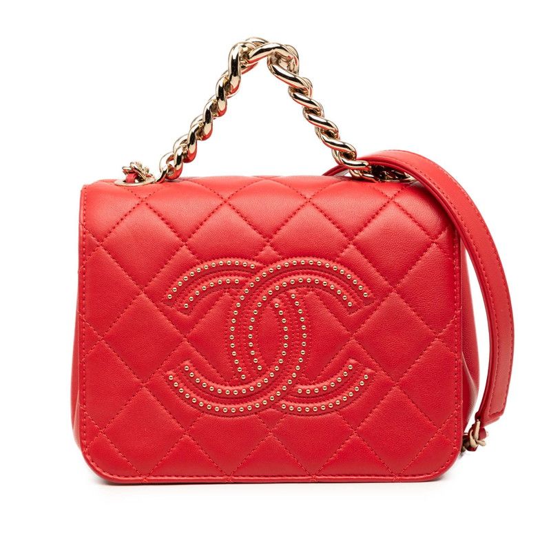 シャネル マトラッセ ココマーク スタッズ チェーンショルダーバッグ レッド ラムスキン レディース CHANEL【1-0265257】